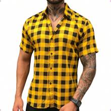 Men's Plaid Shirt Short Sleeve Slim Flannel Buttons Top - 黃色 - 查看 2