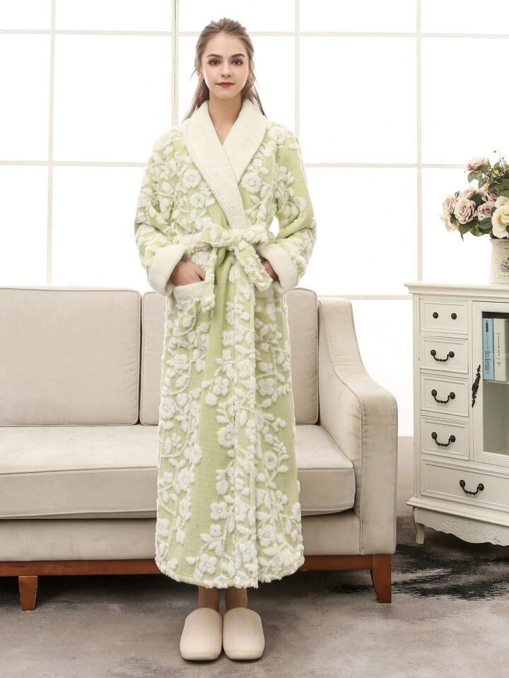 1pc Thick Fleece Bathrobe Double Layer Jacquard Weave Design Extra Long And Warm Housecoat Fuzzy Plush Unisex Couples Loungewear SHEIN