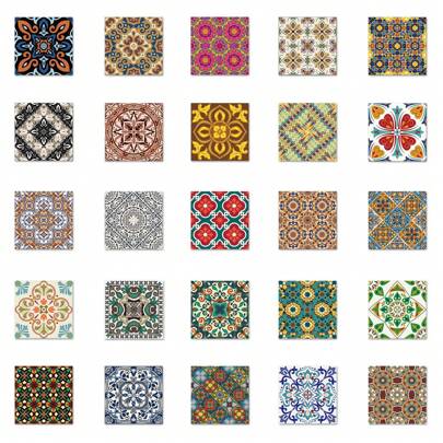 50 Pcs Colorful Floral Tile Graffiti Stickers For Decorating Laptop, Helmet, Skateboard, Guitar, Water Bottle, Suitcase, Notebook, Planner - DIY Self-Adhesive Stickers