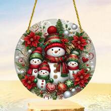 1/2pcs Acrylic Snowman Family Sun Catcher, Colorful Round Wreath Window Hanging Decor For Yard, Garden, Bedroom, Office, Christmas Gift, 2D - multicolor - View 4