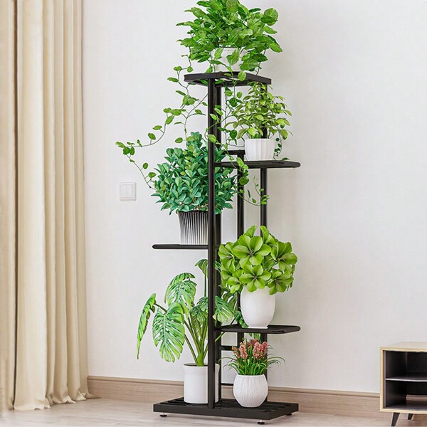 Soporte para plantas de metal de 5 niveles 6 en maceta, estante para macetas para interiores y exteriores, estantería para patio, jardín, esquina, balcón, sala de estar, color negro Estantería Verde Plegable Multicapa Ahorro de Espacio Estantería de Pie