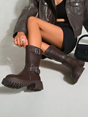 Damen Plateau Stiefel mit dicker Sohle und runder Zehenkappe, knöchelhoch, Punk-Stil Straßen-Mode, Braun