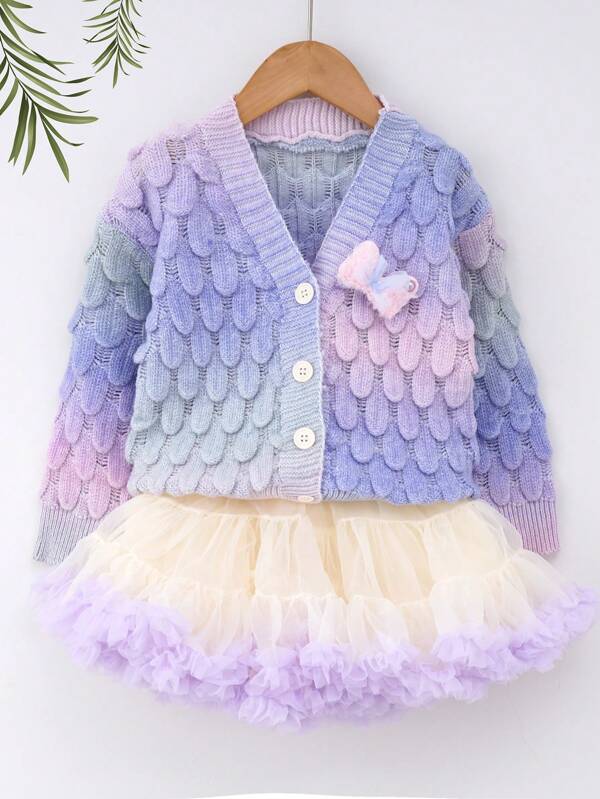 2pcs/Set Young Girl Long Sleeve Ombre Sweater Cardigan + TUTU Knitted Skirt, Autumn/Winter