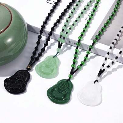 1pc Vintage Style Versatile Glass Imitation White Jade Guanyin Buddha Necklace, Long Sweater Chain Jewelry, Holiday Gift For Christmas, New Year, Valentine's Day