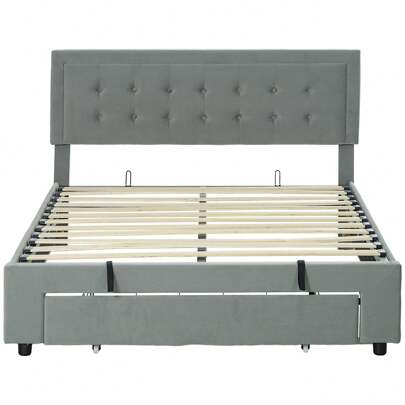  HOMCOM Cadre de lit double 140 x 200 cm lit 2 personnes - sommier à lattes en bois, levage hydraulique, tiroir à roulettes et tête de lit réglable capitonnée effet velours, gris