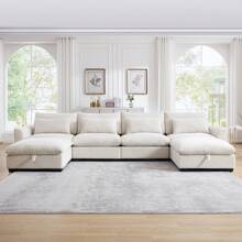 Modular Sectional Sofa, 122" Corduroy Deep Seat Upholstered Sofa,157" L Shaped Couch Set With Ottoman For Living Room, 3-4 Seater Comfy Cloud Couch With Waist Pillow For Living Room Office Apartment - 米色 4 人座+2 腳凳 - 查看 1