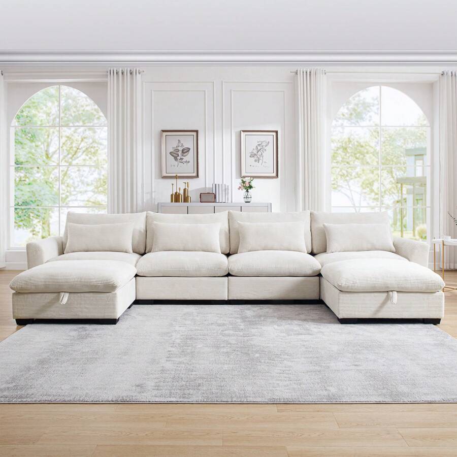 Modular Sectional Sofa, 122" Corduroy Deep Seat Upholstered Sofa,157" L Shaped Couch Set With Ottoman For Living Room, 3-4 Seater Comfy Cloud Couch With Waist Pillow For Living Room Office Apartment - 米色 4 人座+2 腳凳 - 查看 1