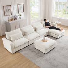 Modular Sectional Sofa, 122" Corduroy Deep Seat Upholstered Sofa,157" L Shaped Couch Set With Ottoman For Living Room, 3-4 Seater Comfy Cloud Couch With Waist Pillow For Living Room Office Apartment - 米色 4 人座+2 腳凳 - 查看 2