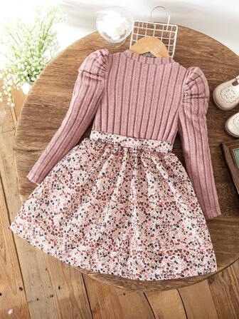 年轻女孩休闲长袖荷叶边袖印花连衣裙和配套腰带