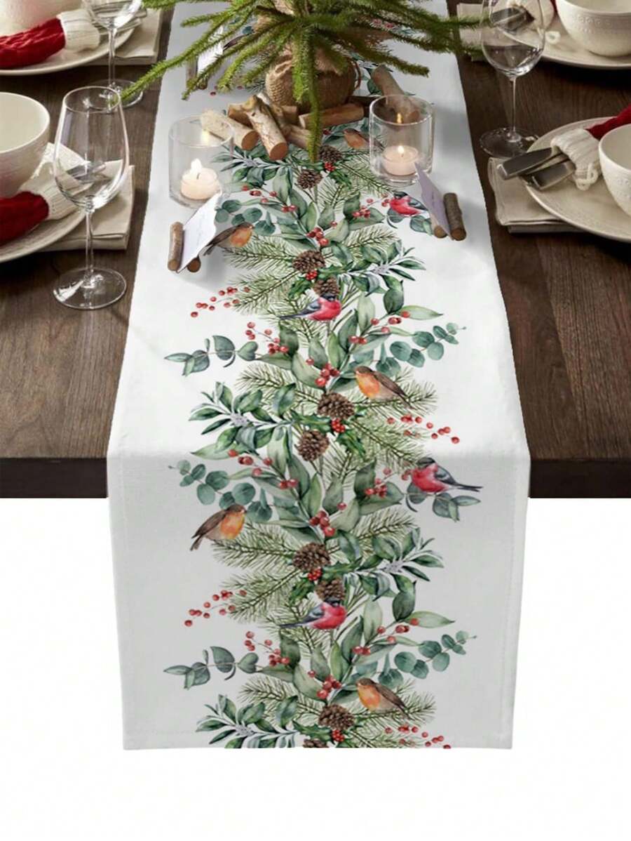 Chemin de table en lin avec cardinaux de Noël, baies, plantes vertes et pommes de pin. Décoration de fête de Noël, hiver, Xmas pour cuisine et salle à manger - Multicolore - Voir 1