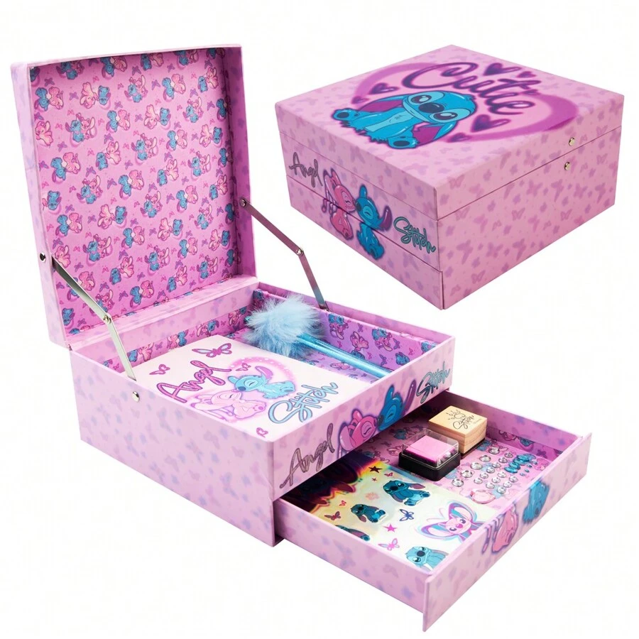 Disney Stitch Notebook Stationery Set Diary DIY Journal Kit With Gem Stickers Pen Stamp Craft Writing Drawing Gift - Pink - View 1