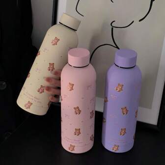 1pc Stainless Steel Vacuum Insulated Tumbler, Bowknot & Heart Teddy Bear Pattern, Double Wall Travel Mug, 500ml/17oz, Suitable For Coffee, Water, Sports Bottle, Birthday, Holiday Gift Water Bottle Back To School