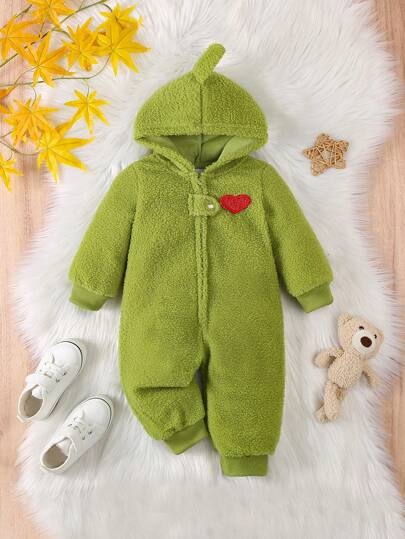 Macacão com capuz e zíper com apliques de coração de pelúcia para bebê menino, outono/inverno