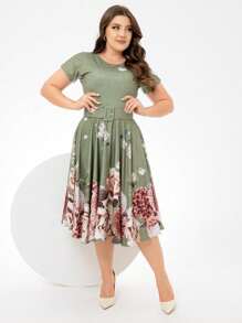 Moss Green Floral Printed Godet Midi Dress With Belt Women's Christian Fashion - Màu xanh Ô liu - Xem 2