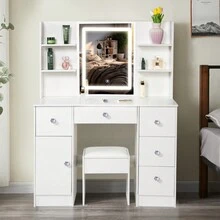 Large Makeup Dressing Table With LED Lights Mirror + 5 Drawers Vanity Stool Set - white LED - View 1