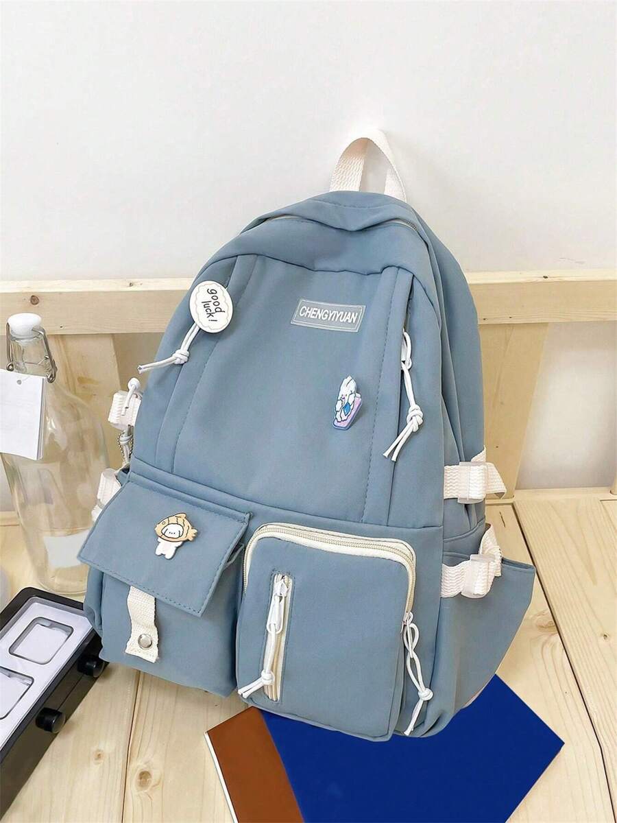 Fashion Cute Nylon Backpack, Clashing Color School Bag With Bear Pendant, Waterproof Casual Everything Bag - Màu xanh lam - Xem 1