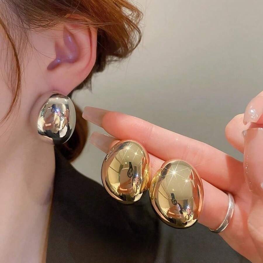1pair Fashion Exaggerated Oval 3D Metallic Stud Earrings - European And American Style - Yellow Gold - View 1