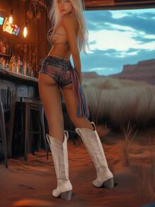 Suede Pointed Toe Embroidered Chunky Heel High Shaft Cowgirl Boots For Women, Fall/Winter,Western Style,Cowboy Boots