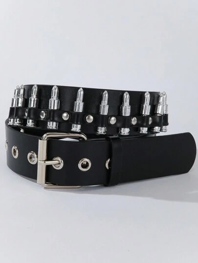 1 pieza Cinturón de estilo punk con decoración de cabeza de bala negra para hombre, versátil para usar con sudaderas, jeans, adecuado para uso diario y vacaciones, unisex