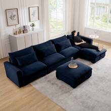 Modular Sectional Sofa, 122" Corduroy Deep Seat Upholstered Sofa,157" L Shaped Couch Set With Ottoman For Living Room, 3-4 Seater Comfy Cloud Couch With Waist Pillow For Living Room Office Apartment - màu xanh lam 4 chỗ ngồi + 2 đôn - Xem 2