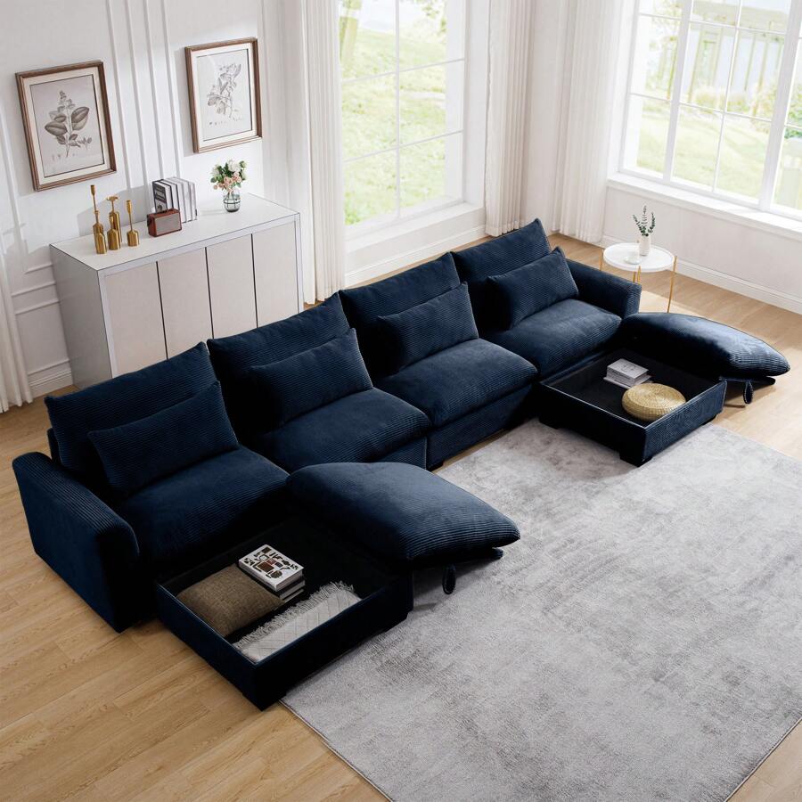 Modular Sectional Sofa, 122" Corduroy Deep Seat Upholstered Sofa,157" L Shaped Couch Set With Ottoman For Living Room, 3-4 Seater Comfy Cloud Couch With Waist Pillow For Living Room Office Apartment - màu xanh lam 4 chỗ ngồi + 2 đôn - Xem 1