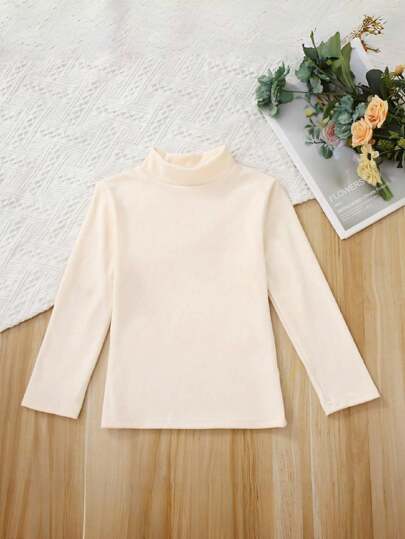Tween Girl Turtleneck Basic Solid Color Thermal Long Sleeve T-Shirt,Apricot,For Spring Autumn Winter