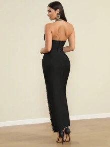 LOVE Aing damska modna ręcznie robiona kolorowa sukienka koktajlowa z rozcięciem i kryształkami, czarna formalna sukienka na bal, dla gości weselnych, na ukończenie szkoły, na kolację