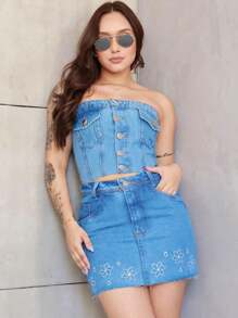 Women's Jeans Set With Embroidered Skirt And Cropped Lastex - 中等水洗藍 - 查看 1