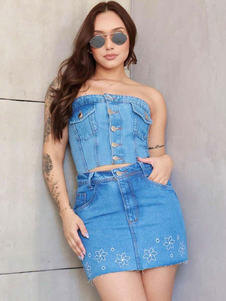 Women's Jeans Set With Embroidered Skirt And Cropped Lastex - 中等水洗藍 - 查看 1