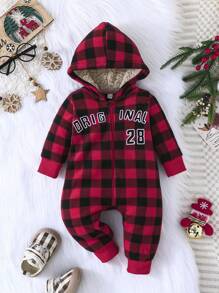 Bộ đồ liền thân dài tay có mũ in chữ và kẻ caro cho bé trai sơ sinh, ngày lễ Giáng sinh - Nhiều màu - Xem 1