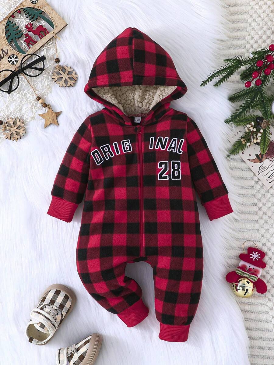 Bộ đồ liền thân dài tay có mũ in chữ và kẻ caro cho bé trai sơ sinh, ngày lễ Giáng sinh - Nhiều màu - Xem 1