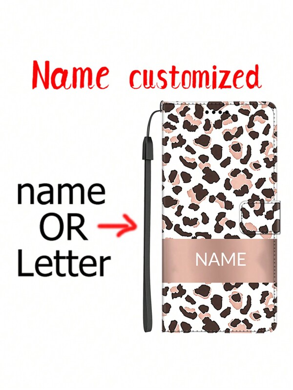Cheetah Print Customized Text Wallet Phone Case With Card Slots, Neck Strap, Personalized Leopard Print Pattern Name Design
