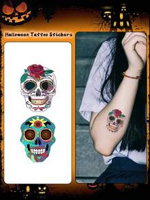 4pcs Halloween Temporary Tattoo Stickers, Skull Cartoon Face Pattern, Waterproof & Sweat-Resistant, Disposable Tattoo Stickers, Unisex, Suitable For Face, Neck, Arms And Other Body Parts, Create Artistic Effect - Multicolor - View 3