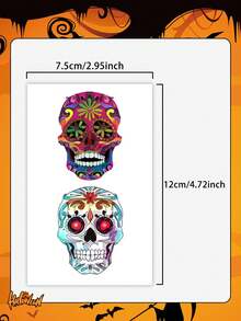 4pcs Halloween Temporary Tattoo Stickers, Skull Cartoon Face Pattern, Waterproof & Sweat-Resistant, Disposable Tattoo Stickers, Unisex, Suitable For Face, Neck, Arms And Other Body Parts, Create Artistic Effect - Multicolor - View 4