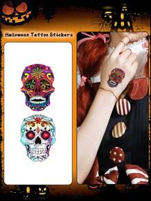 4pcs Halloween Temporary Tattoo Stickers, Skull Cartoon Face Pattern, Waterproof & Sweat-Resistant, Disposable Tattoo Stickers, Unisex, Suitable For Face, Neck, Arms And Other Body Parts, Create Artistic Effect - Multicolor - View 5