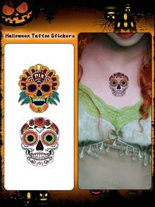4pcs Halloween Temporary Tattoo Stickers, Skull Cartoon Face Pattern, Waterproof & Sweat-Resistant, Disposable Tattoo Stickers, Unisex, Suitable For Face, Neck, Arms And Other Body Parts, Create Artistic Effect - Multicolor - View 2