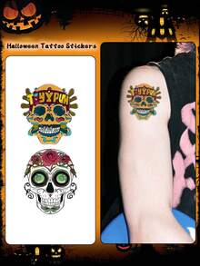 4pcs Halloween Temporary Tattoo Stickers, Skull Cartoon Face Pattern, Waterproof & Sweat-Resistant, Disposable Tattoo Stickers, Unisex, Suitable For Face, Neck, Arms And Other Body Parts, Create Artistic Effect - Multicolor - View 7