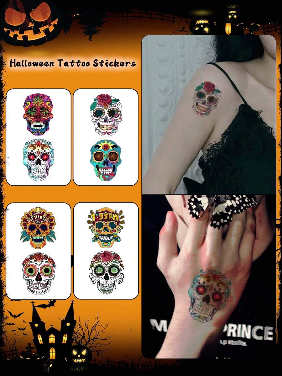 4pcs Halloween Temporary Tattoo Stickers, Skull Cartoon Face Pattern, Waterproof & Sweat-Resistant, Disposable Tattoo Stickers, Unisex, Suitable For Face, Neck, Arms And Other Body Parts, Create Artistic Effect - Multicolor - View 1