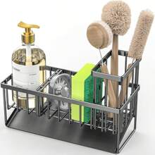 Cisily Kitchen Item Sink Caddy Kitchen Organizer, Sponge Holder For Kitchen Sink, Drain On An Incline Kitchen Sink Organizer,Rust-Resistant Metal Black Sink Caddy,Sink Caddy With Brush Holder