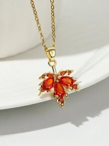 1pc Canada Autumn Red Maple Leaf Zirconia Pendant Necklace, Suitable For Daily Wear By Women