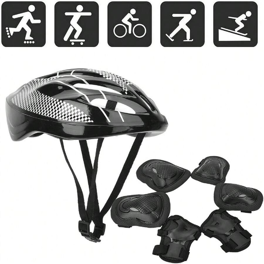 7pcs Adult Roller Skating Protection Gear Set, Knee Pads + Elbow Pads + Gloves + Helmet - Black - View 1
