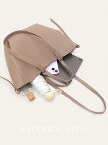 STEPHIECATHY Túi đeo vai có quai xách bằng da PU trơn màu trơn phổ biến đơn giản tối giản phong cách thanh lịch cho nữ cỡ nhỏ, chất liệu da PU thuần chay, có nút bấm nam châm, có thể xách tay, dùng hàng ngày, đa năng, đi làm mọi mùa, da lộn cỡ lớn - Màu Khaki - Xem 8