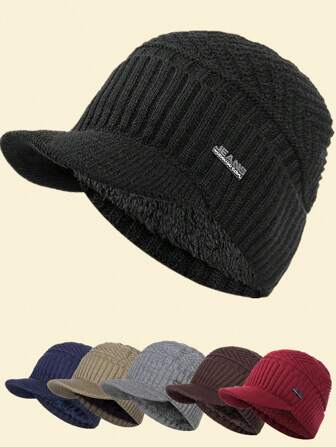 JZML 1pc Men Letter Decor Plush Lined Hat Beanie Fall Outfit