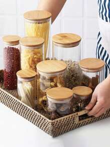 1入組密封食品儲存罐，帶木質蓋，適用於咖啡豆/穀物，塑料廚房儲存容器 - 圓形透明 - 查看 8