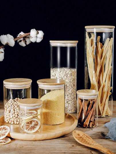 1入組密封食品儲存罐，帶木質蓋，適用於咖啡豆/穀物，塑料廚房儲存容器