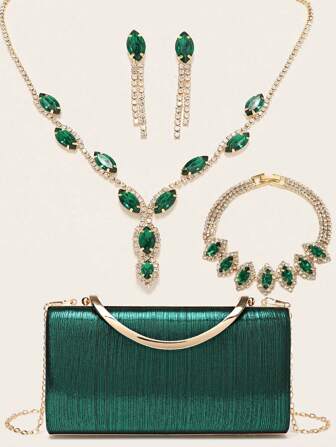 LETODE 4 件水钻首饰套装闪亮项链耳环手链套装适用于婚礼手拿包女士钱包和手提包优雅宴会晚宴斜挎包