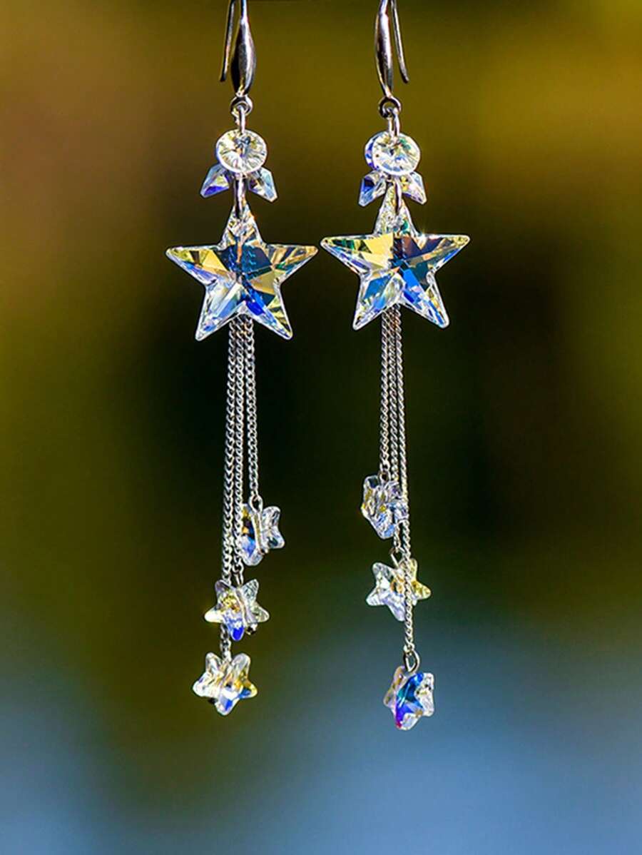 1pair Stylish Artificial Crystal AB Color Long Star Tassel Drop Earrings - Multicolor - View 1