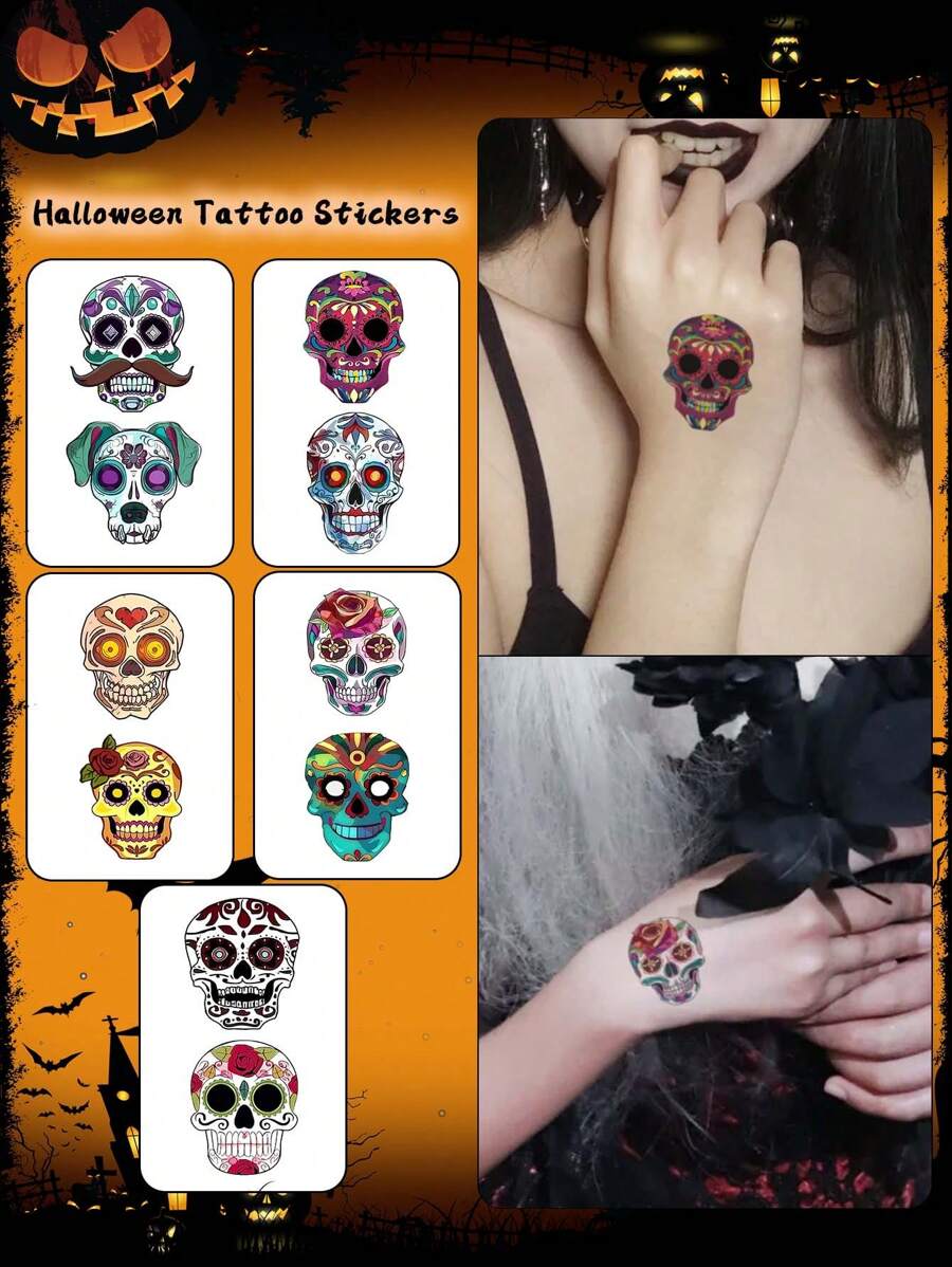 5pcs Halloween Temporary Tattoo Stickers, Skull Cartoon Face Pattern, Waterproof And Sweat-Resistant, Disposable Tattoo Stickers, Unisex, Suitable For Face, Neck, Arms And Other Body Parts, Create Artistic Beauty - Multicolor - View 1