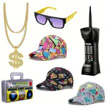 Set de 5 piezas de accesorios de disfraz de hip hop de los 80s y 90s que incluye: radio de boombox inflable, collar, teléfono, gafas de sol y sombrero tipo cubo. Además, un sombrero de cubo reversible de estilo retro de los 80s y 90s para fiestas con temática disco, disfraces, carnavales y Halloween. - Multicolor - Ver 7