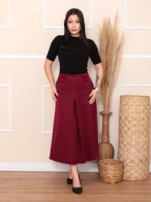 Women's Tailored Skirt With Thick Belt Loop Pocket And Zipper At The Back - 酒紅色 - 查看 3